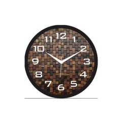 Round plastic wall clock with a textured brown mosaic design and white numerals, perfect for modern interiors