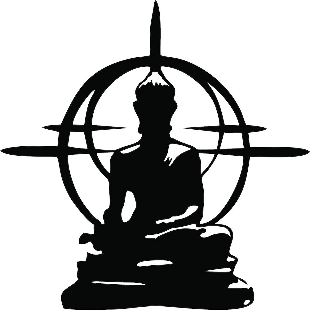 Minimalist Buddha wall art in black metal finish, featuring a meditative pose with a circular abstract background, the image is the enlarged picture of the product.