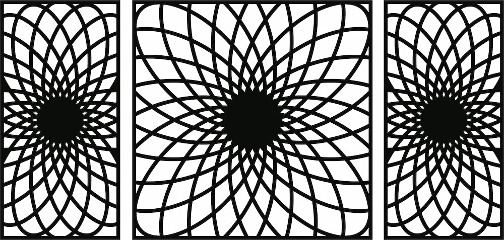 Set of three black MDF wall art panels with intricate geometric patterns, focusing on the product.