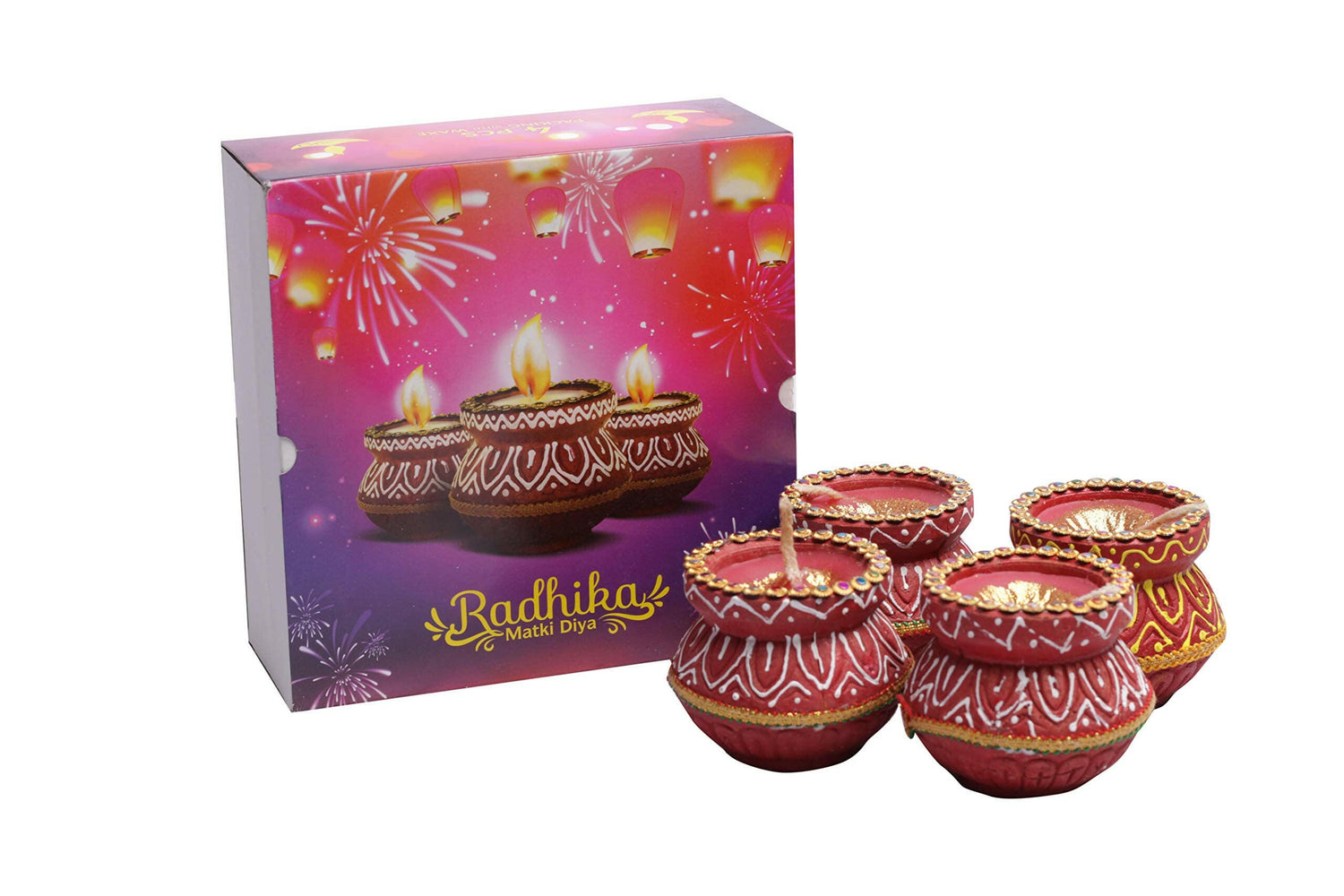 Set of decorative Matki Diyas in a festive box, perfect for Diwali celebrations.