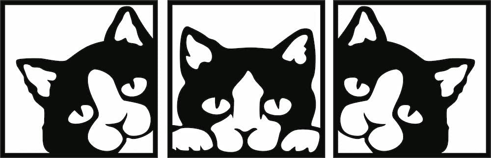 Three-panel MDF cat wall art featuring playful cat faces, 