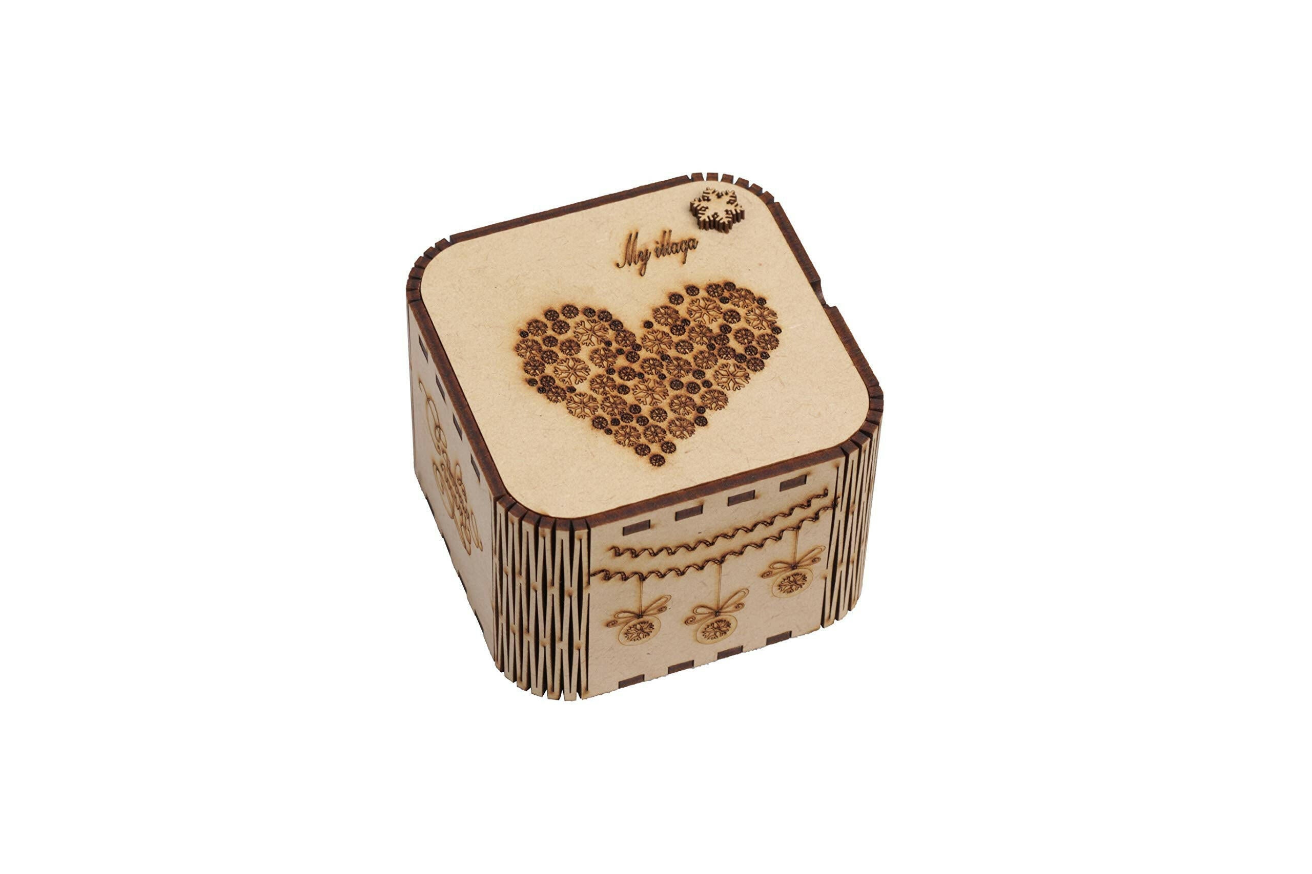 Wooden heart-themed jewelry box with intricate floral carvings and "My Village" engraving, perfect for storing small treasures.