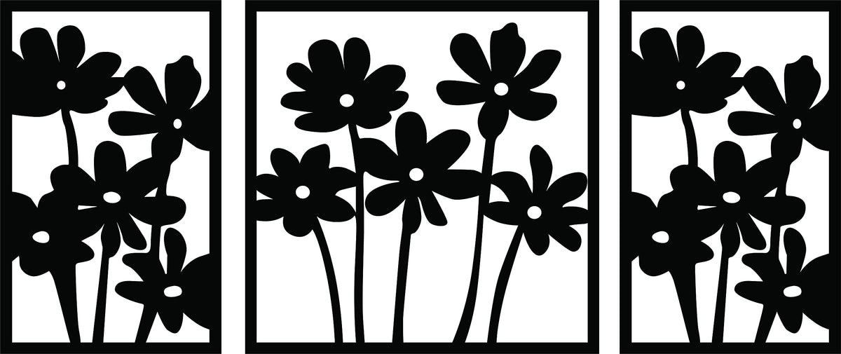 Modern living room wall decor featuring a set of three black floral frames. This is an enlarged image of the product
