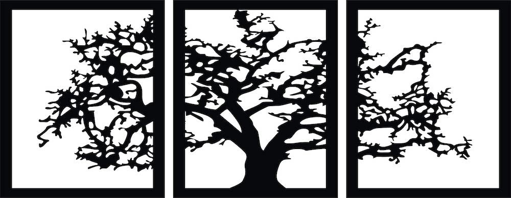 Triptych wall art featuring a black silhouette of a tree spread across three panels, the image is the enlarged picture of the product.