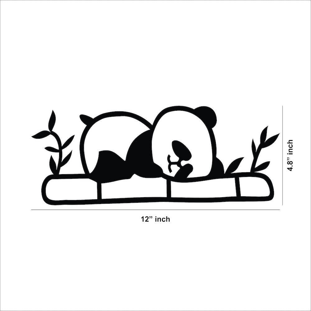 Adorable black MDF panda wall decor featuring a sleeping panda on bamboo with leaves, this dimensional image of the product shows 4.8 inch by 12 inch dimensions of the product.