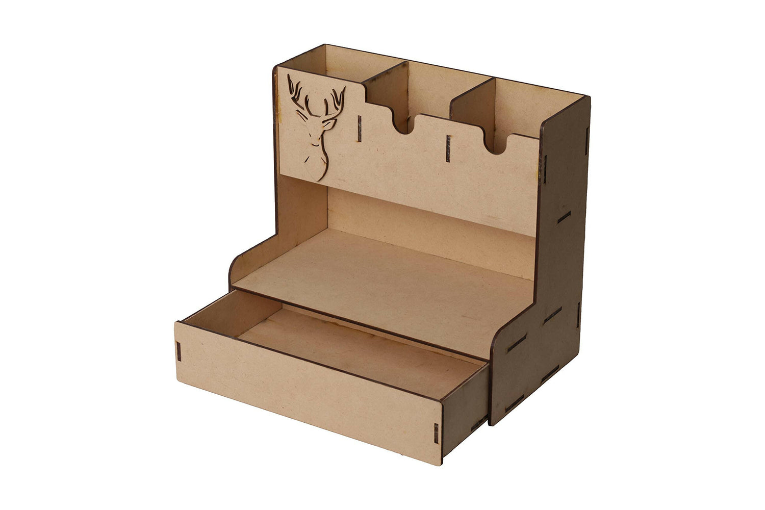 Elegant wooden penstand with a carved deer design and multiple compartments for organized storage. The image shows the penstand from the sides.