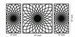 Set of three black MDF wall art panels with intricate geometric patterns, showing the size of the product with 2 side frames of 12 inch by 6 inch and the centre piece being 12 inch by 12 inch.