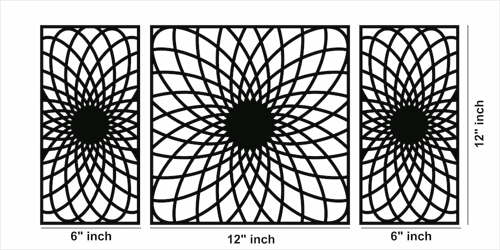Set of three black MDF wall art panels with intricate geometric patterns, showing the size of the product with 2 side frames of 12 inch by 6 inch and the centre piece being 12 inch by 12 inch.