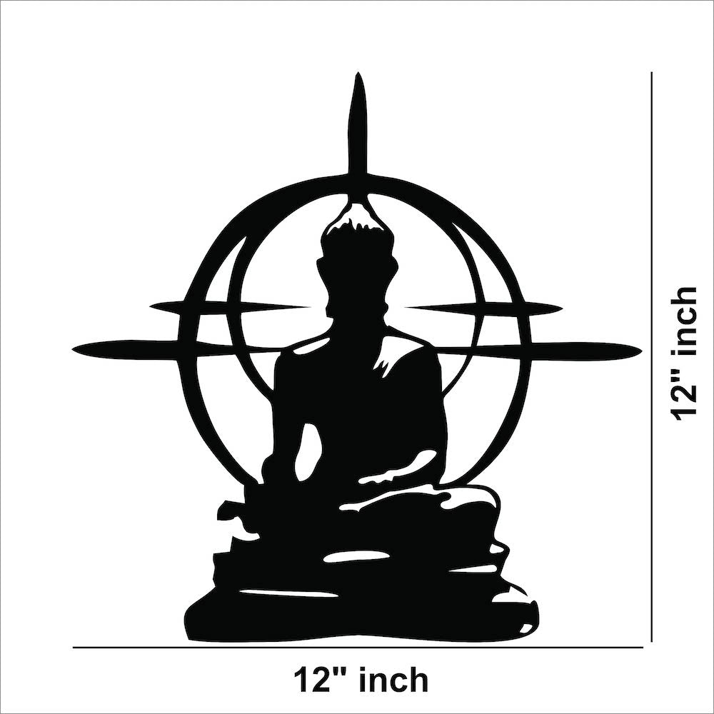 Minimalist Buddha wall art in black metal finish, featuring a meditative pose with a circular abstract background, the dimensional image of the product with 12 inch by 12 inch dimensions.