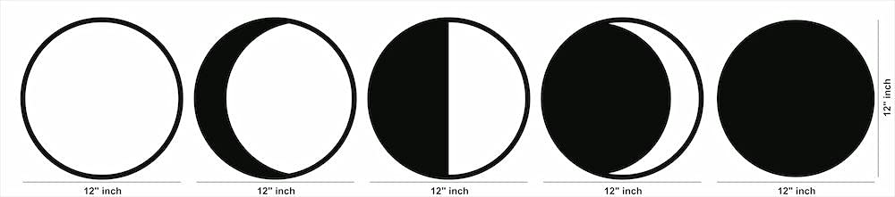 The dimensional image of the product with 12 inch by 12 inch for each frame. Minimalist moon phase wall art.