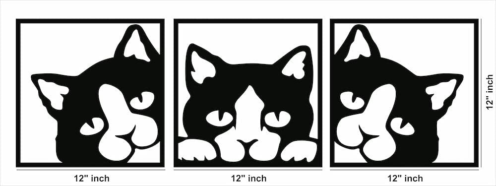 Three-panel MDF cat wall art featuring playful cat faces, showing the dimensions of the product which is 12 inch by 12 inch for each frame.