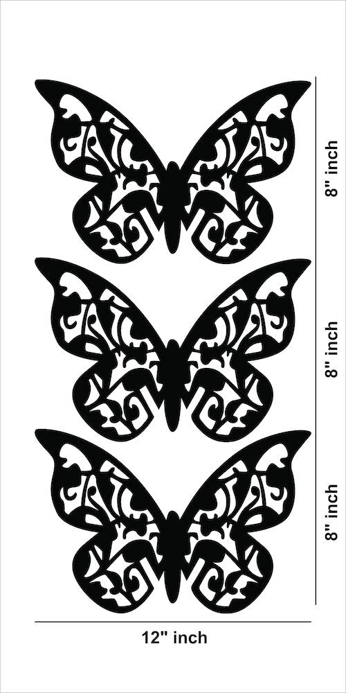 Unique butterfly wall art featuring a set of four intricately designed black butterflies the image shows the dimensions of the product that is 8 inch by 12 inch for each piece.