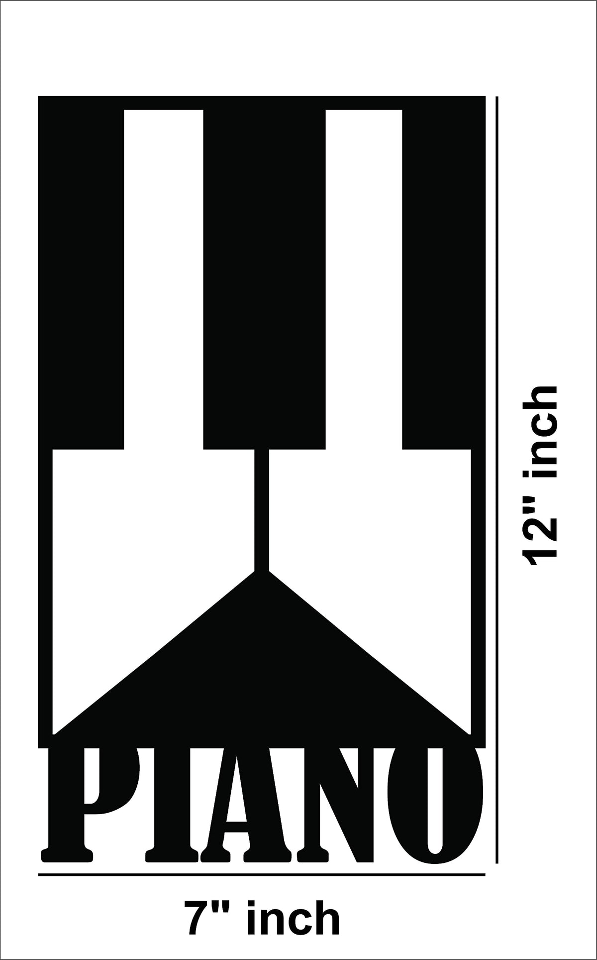 Black MDF wall art featuring a piano key design with the word "PIANO" below, showing the size of the product that is 12 inch by 7 inch.