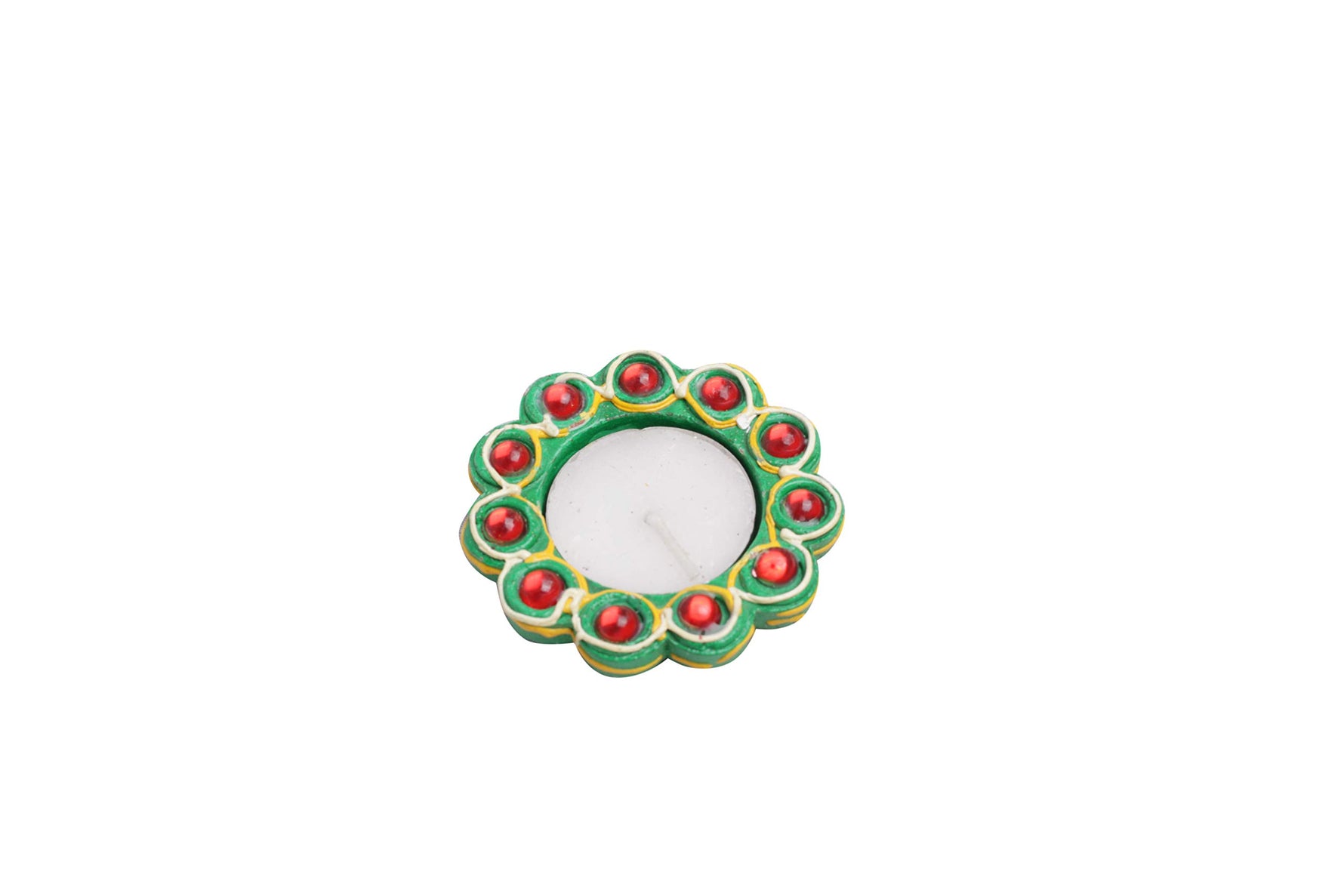 colorful decorative circular clay diya with intricate mirror detailing, perfect for festive or home decor