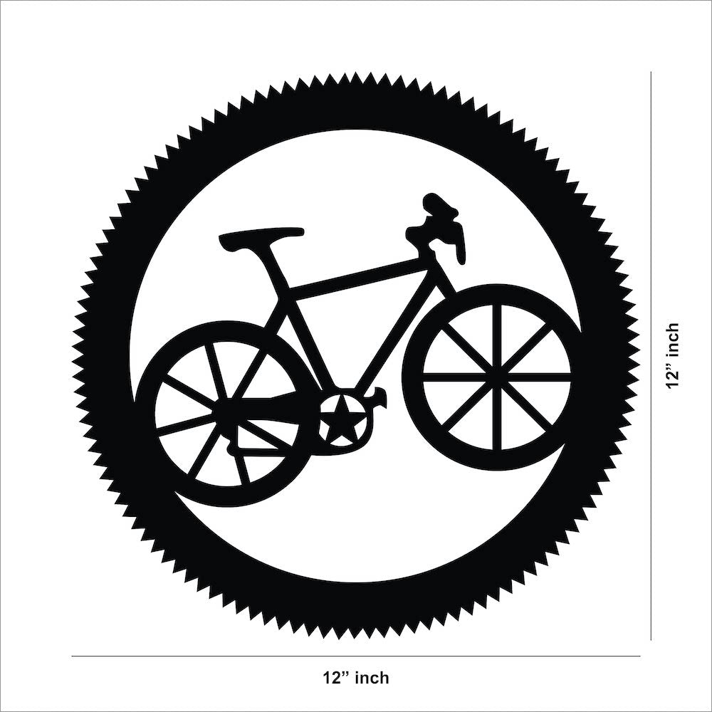 MDF bicycle wall art featuring a circular design with intricate detailing, perfect for modern interiors. The image shows the dimensions of the product that is 12 inch in diameter