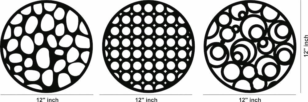 Set of three circular black MDF wall art pieces with abstract cutout designs, with the size of the product. Each piece is 12 inch in diameter.
