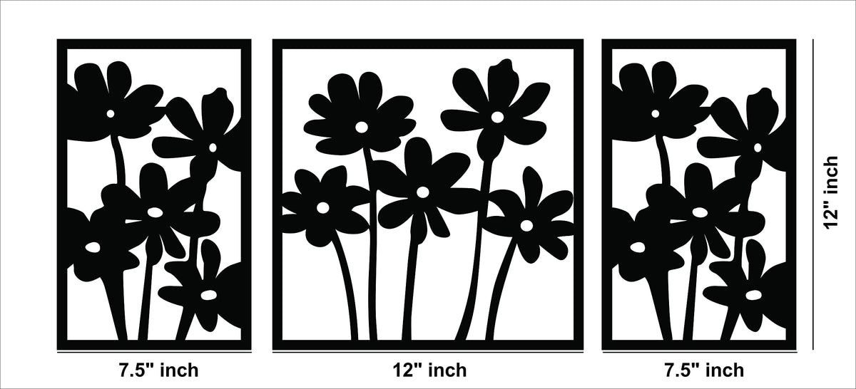 Modern living room wall decor featuring a set of three black floral frames. The dimensional images of the product with two frames being 12 inch by 7.5 inch and one centre piece being 12 inch by 12 inch.