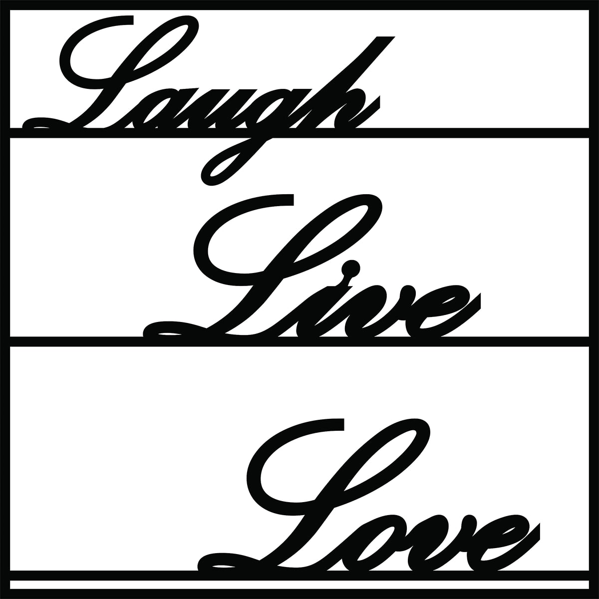 Elegant black Laugh, Live, Love wall art with a sleek frame, focusing on the product.