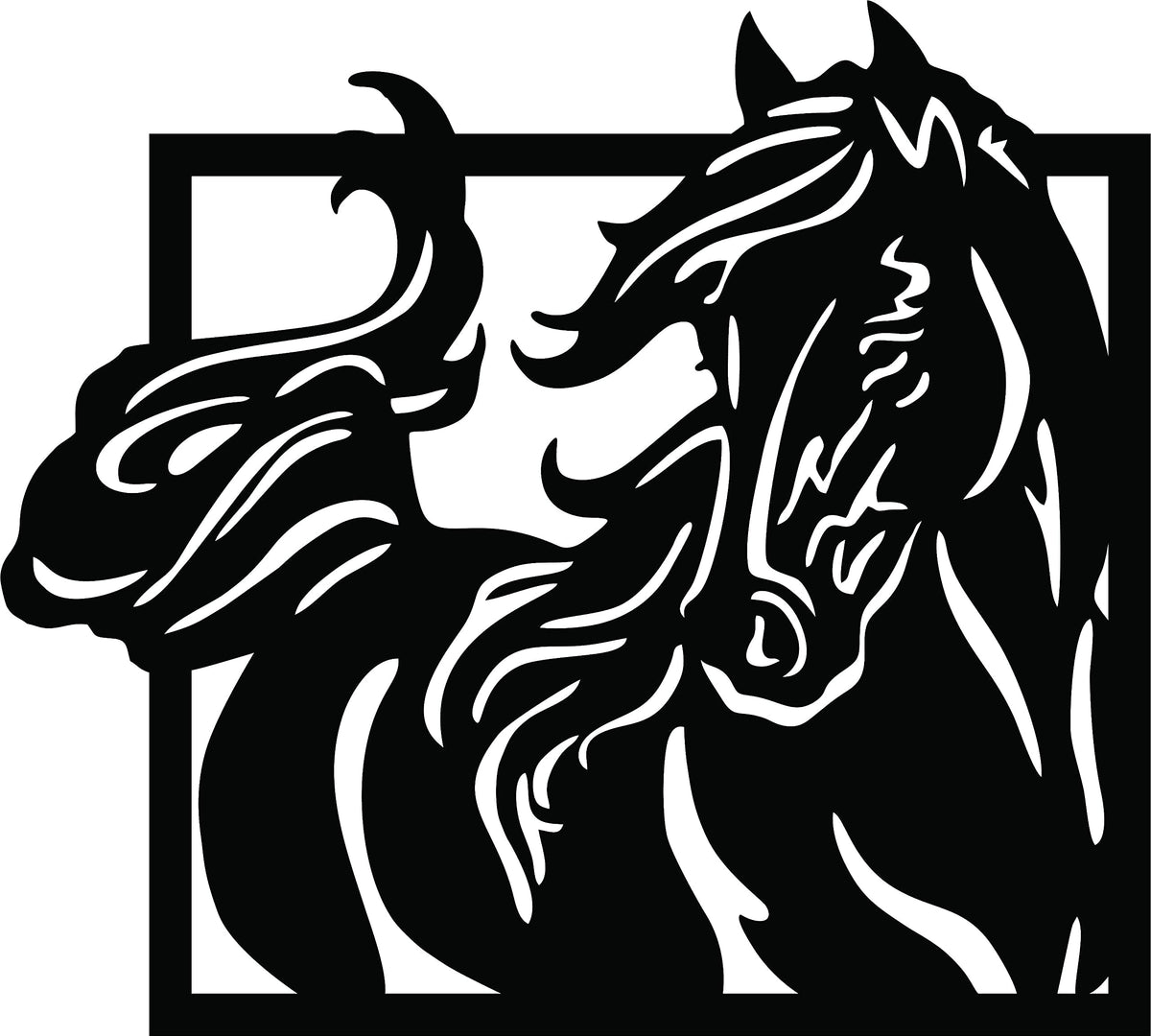 Black horse wall art featuring a detailed design of a galloping horse, the image is the enlarged picture of the product.