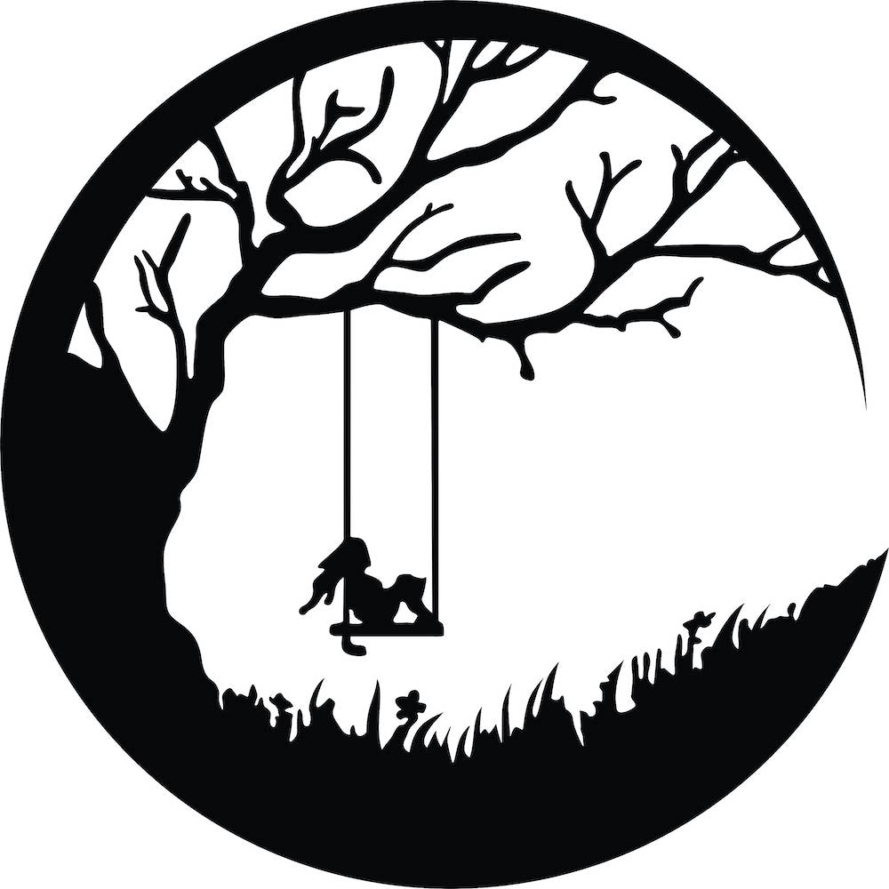 Black swing wall art featuring a circular design with a silhouette of a tree, swing, and child, the image is the enlarged picture of the product.