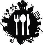Black wall art featuring a circular design with a fork, spoon, and knife at the center, the image focuses on the product only.