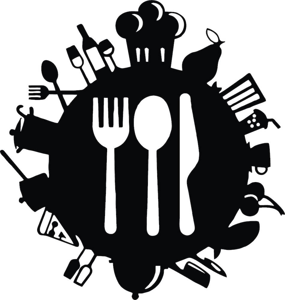 Black wall art featuring a circular design with a fork, spoon, and knife at the center, the image focuses on the product only.