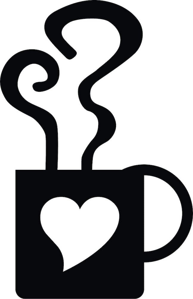 Black coffee cup wall art featuring steam and a heart cutout, the image is the enlarged picture of the product.