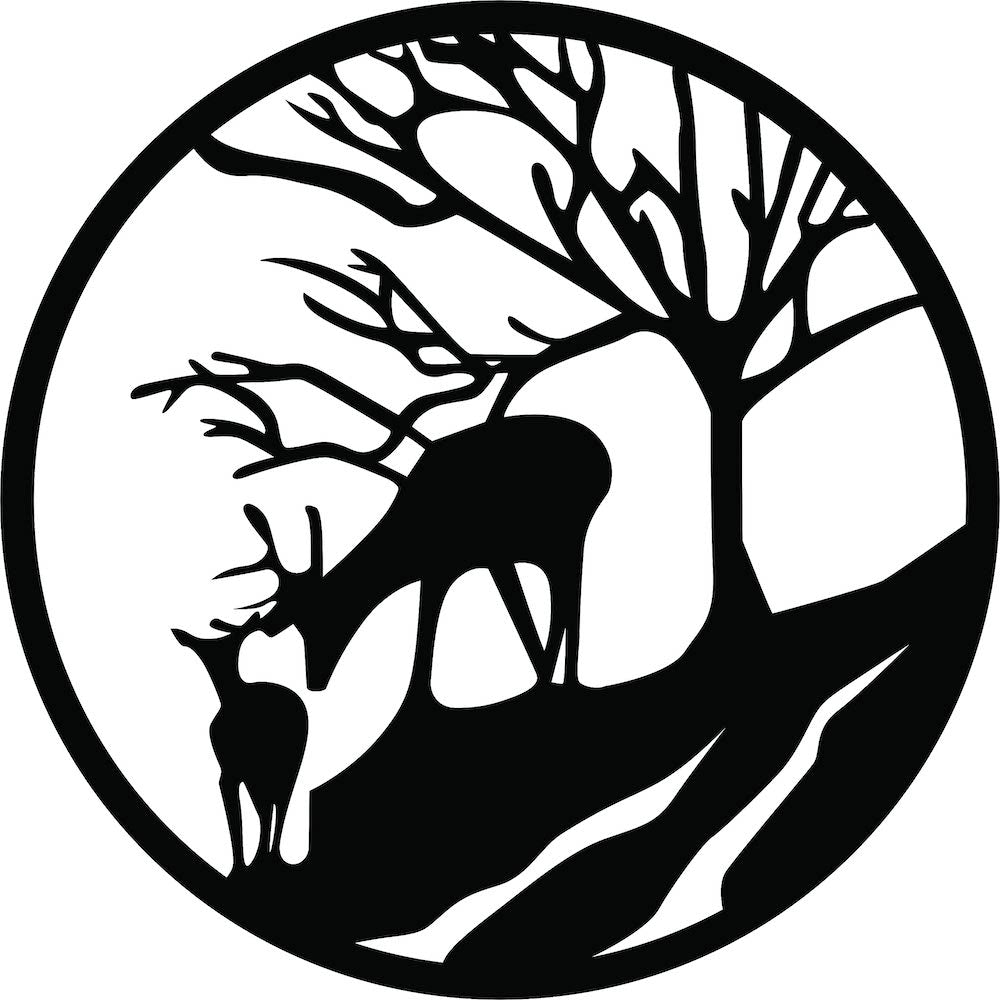 MDF deer-themed wall art featuring a circular design with deer and trees in a forest silhouette. The image zooms in the product
