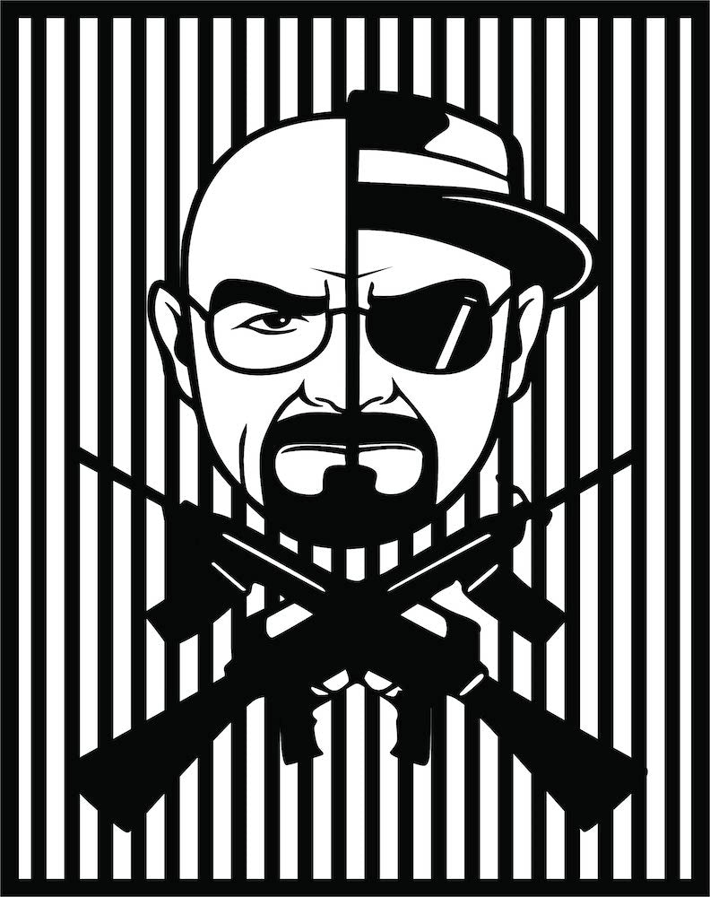 Black gangster wall art featuring a split-face design of a man with sunglasses, hat, and crossed guns, the enlarged image of the product.