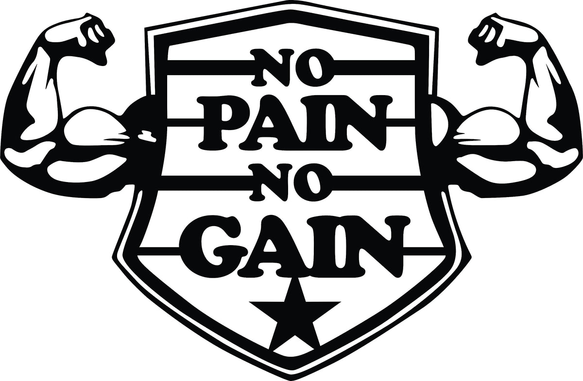 Black MDF wall art featuring the motivational phrase "NO PAIN NO GAIN" inside a shield design with flexed biceps on either side, image focuses on the product.