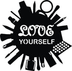 Black self-love wall art featuring the phrase 'LOVE YOURSELF' surrounded by silhouettes of beauty and self-care items, the image is enlarged picture of the product