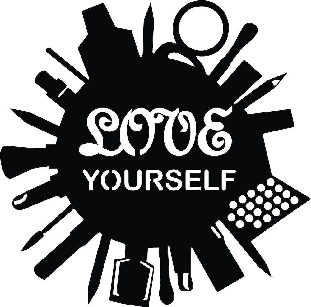 Black self-love wall art featuring the phrase 'LOVE YOURSELF' surrounded by silhouettes of beauty and self-care items, the image is enlarged picture of the product
