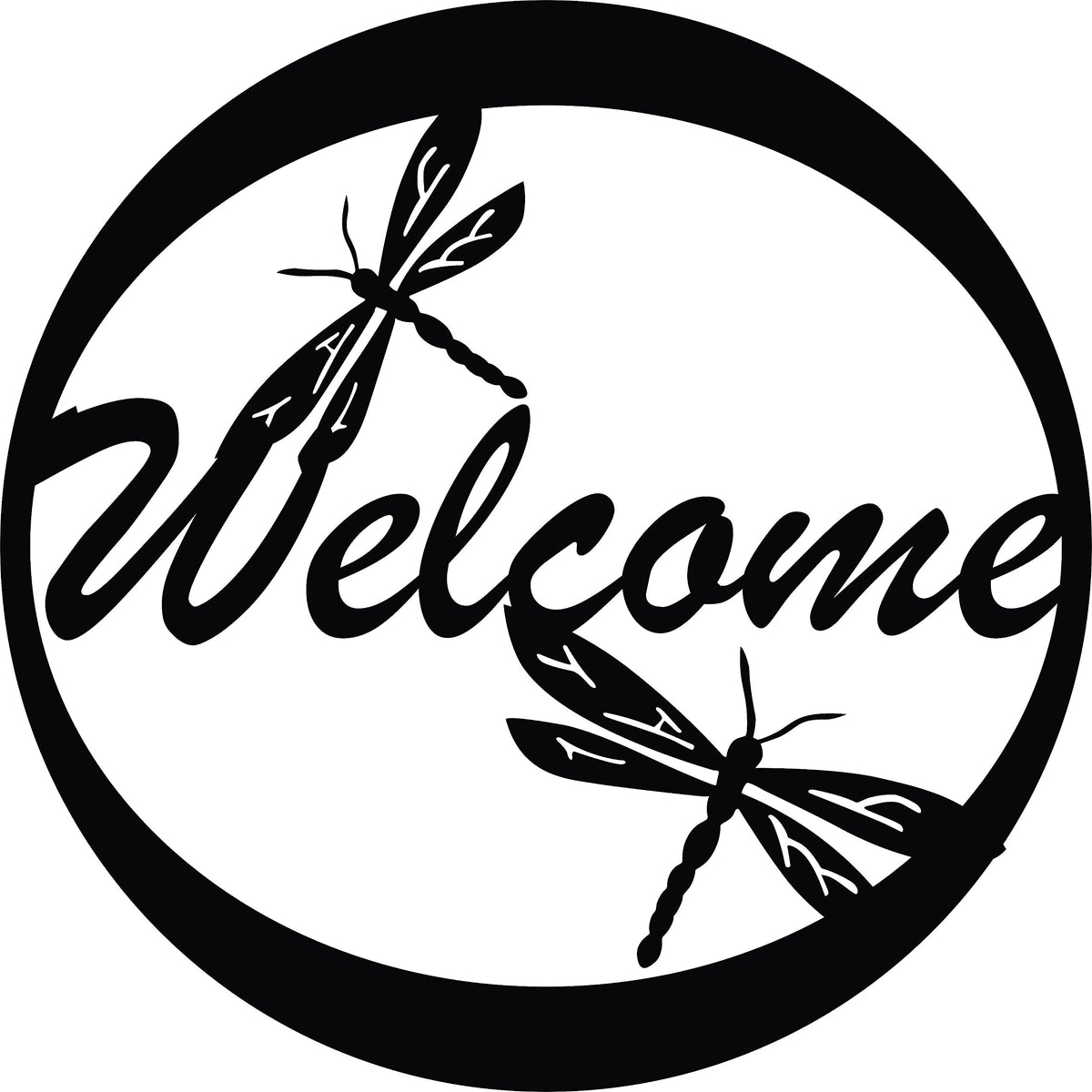 Circular black "Welcome" wall decor with dragonfly accents, the enlarged image of the product.