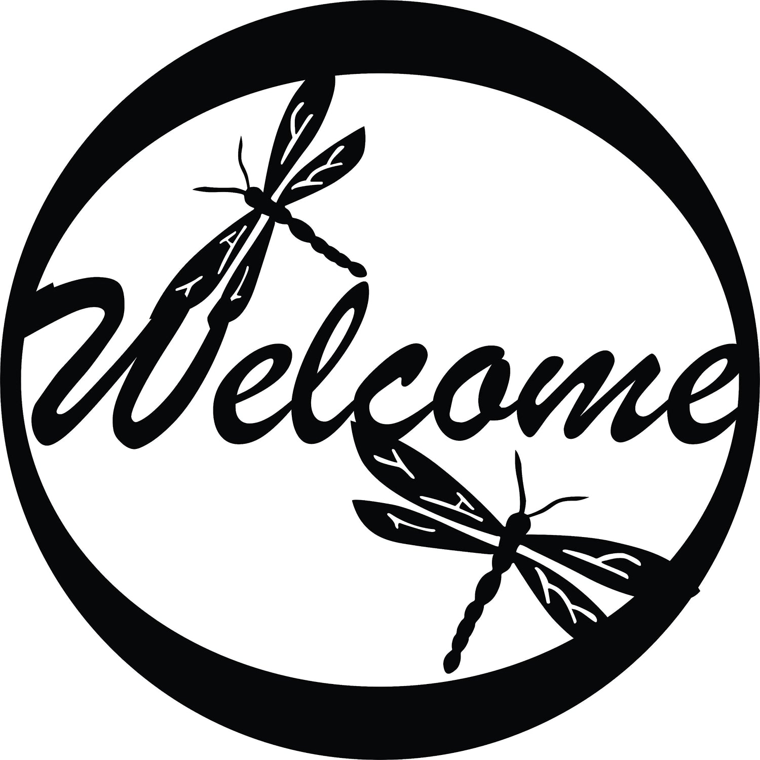 Circular black "Welcome" wall decor with dragonfly accents, the enlarged image of the product.