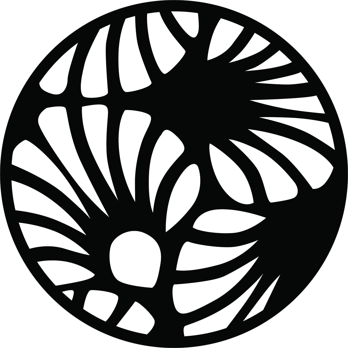Circular black MDF wall art with an abstract cutout design resembling flowing patterns, the image focuses on the product.