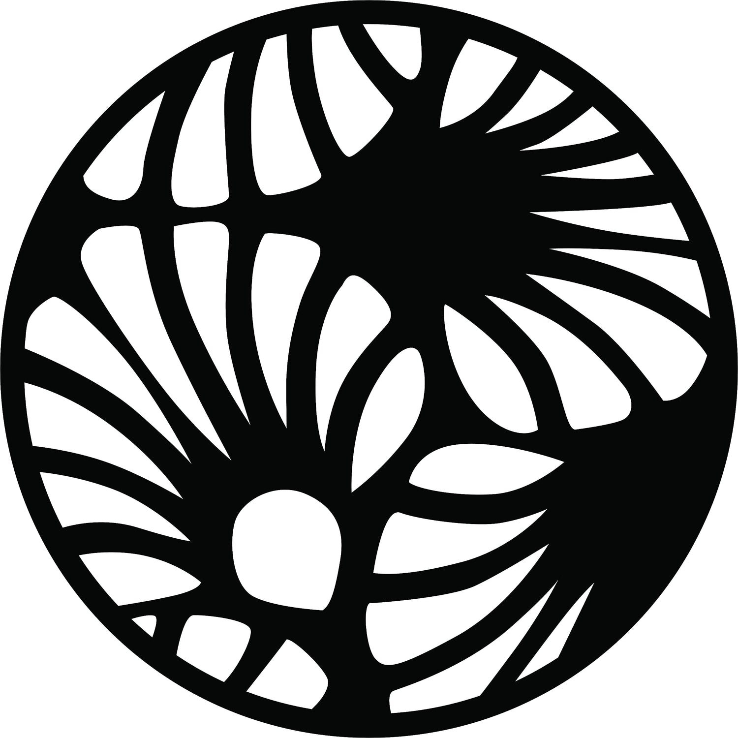 Circular black MDF wall art with an abstract cutout design resembling flowing patterns, the image focuses on the product.