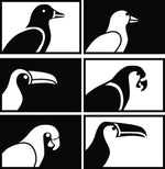 Black and white bird wall art featuring six framed designs of various bird silhouettes, the image is the enlarged picture of the product.