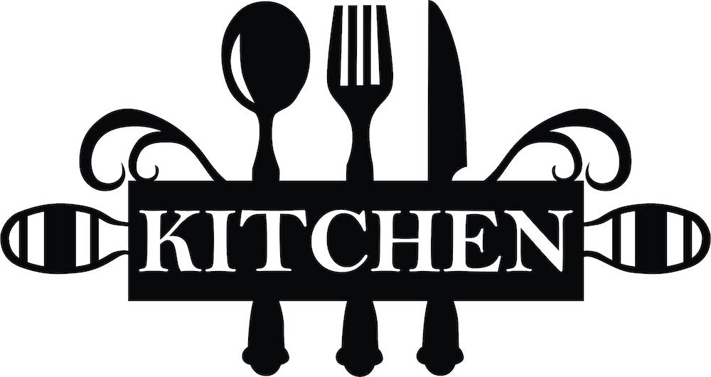 Black cutlery wall art featuring a spoon, fork, and knife design with the word 'KITCHEN' in bold, zooming the product