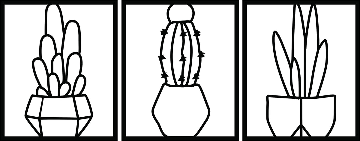 Black plant wall art featuring three framed designs of potted plants, the image is the enlarged picture of the product.