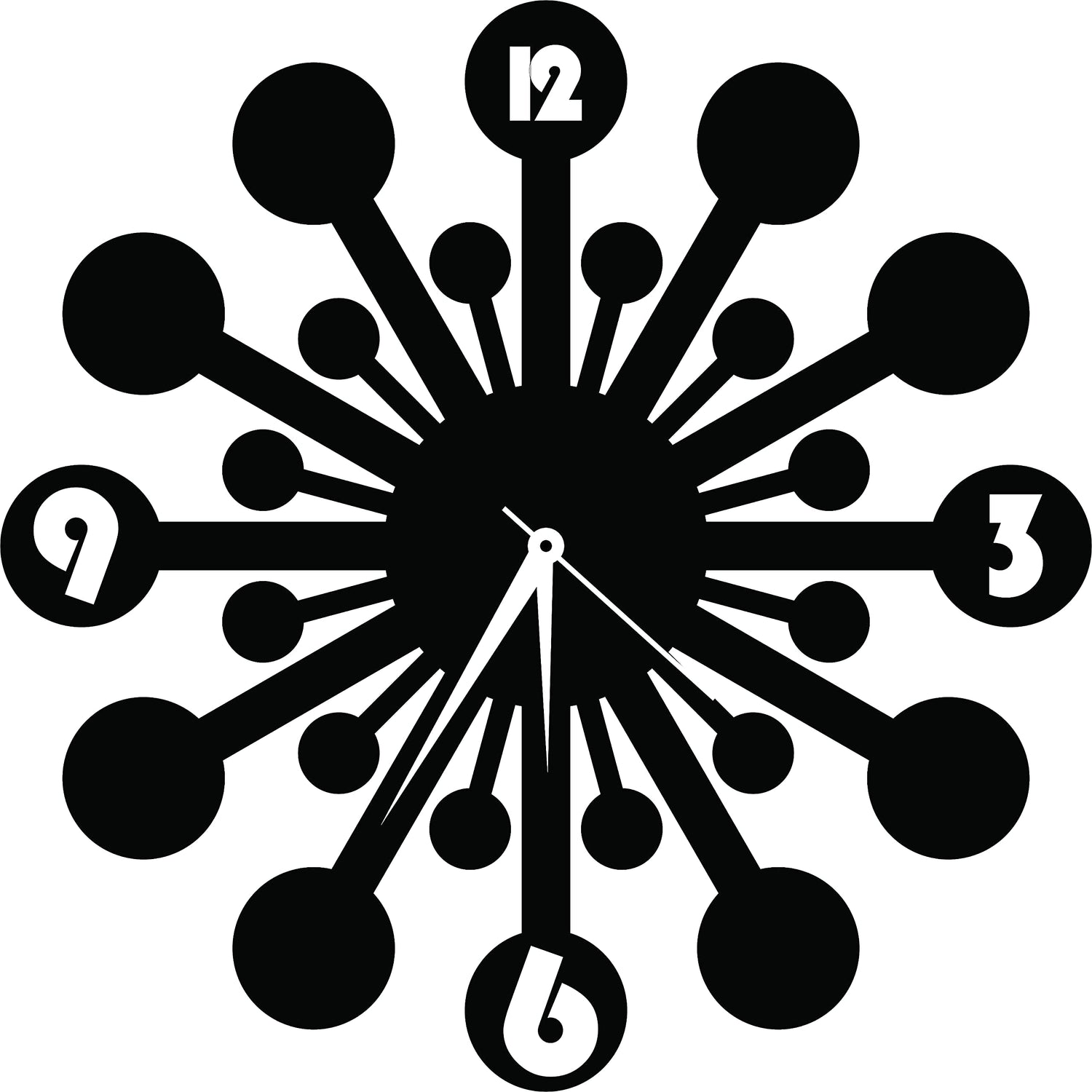 Modern black starburst wall clock with a minimalist design featuring circular accents and prominent numerals. The image is the enlarged picture of the product.