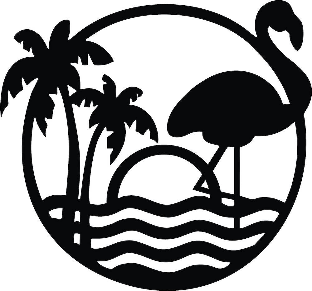 Round flamingo wall art featuring palm trees, sunset, and waves in a minimalist black design, the image is the enlarged picture of the product.