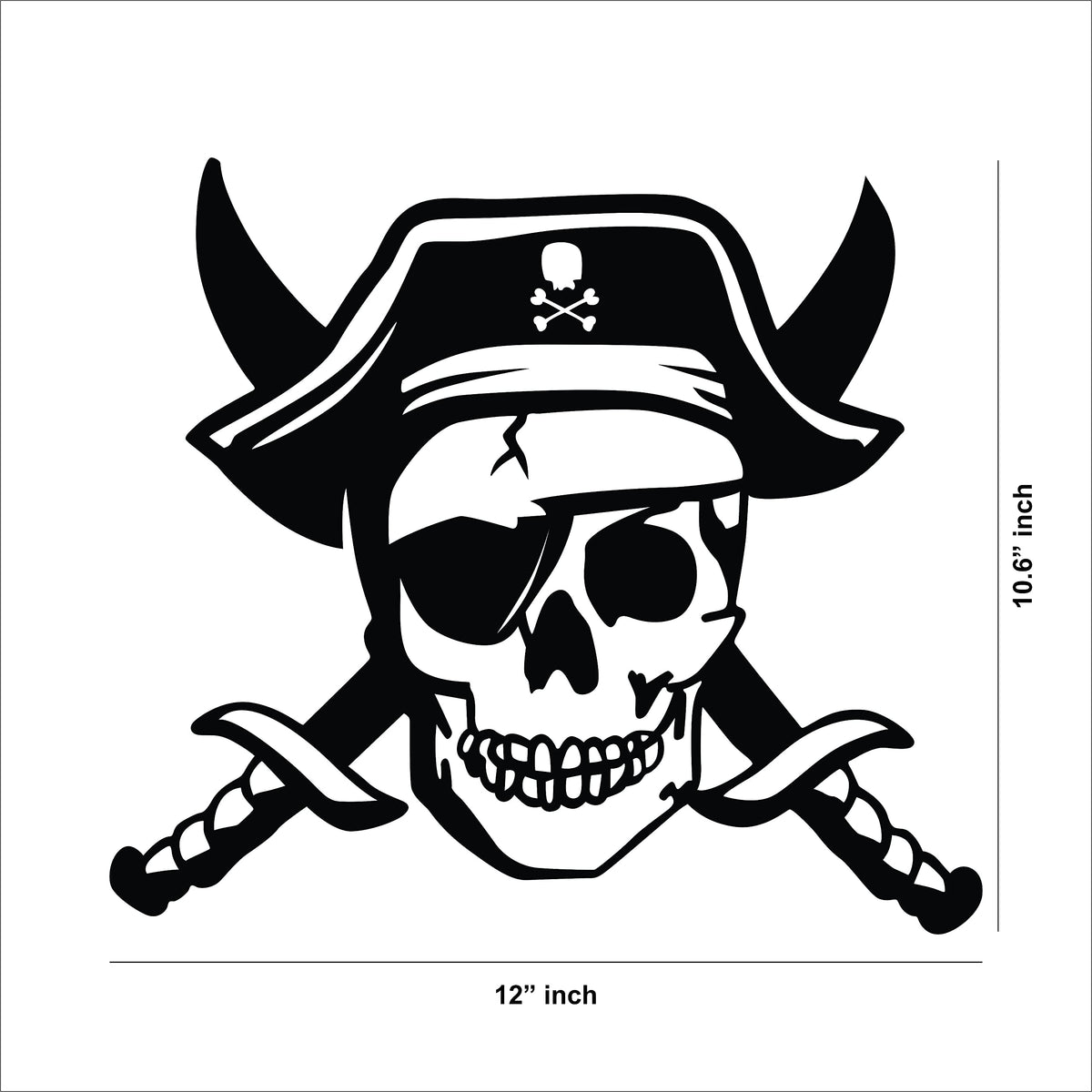 Black MDF pirate skull wall decor with crossed swords, this is the dimensional image of the product with 10.6 inch by 12 inch dimensions.