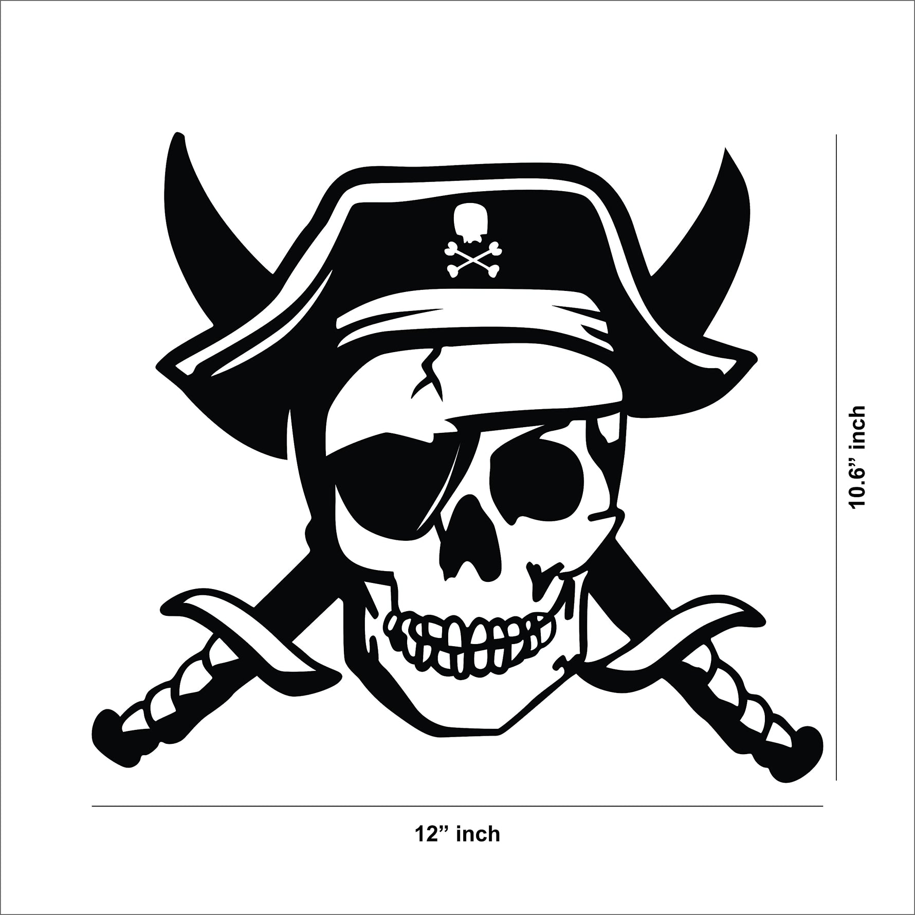 Black MDF pirate skull wall decor with crossed swords, this is the dimensional image of the product with 10.6 inch by 12 inch dimensions.