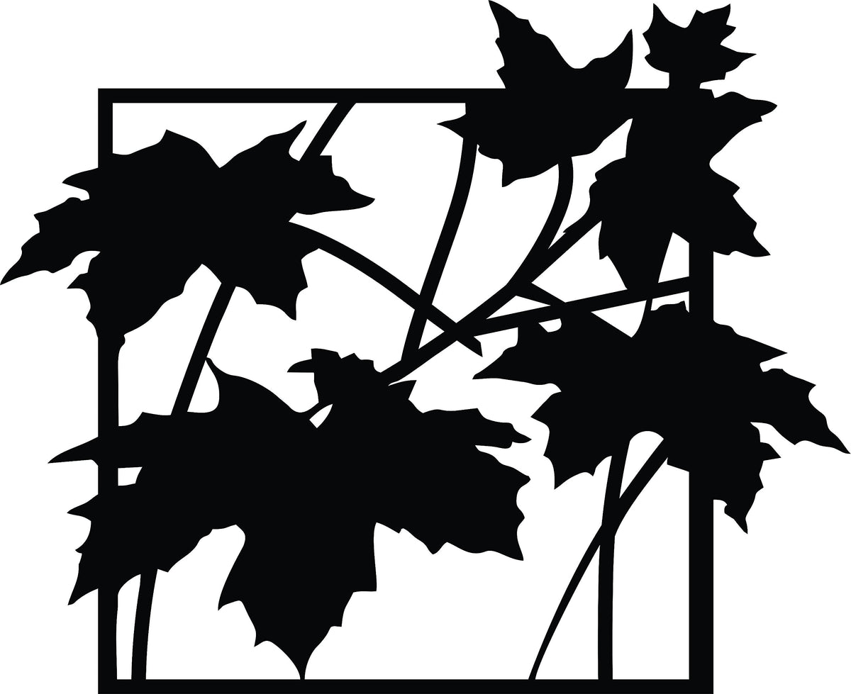 Elegant black metal leaf-patterned wall art displayed in a modern living room, adding a touch of natural sophistication. he image focuses on the product.