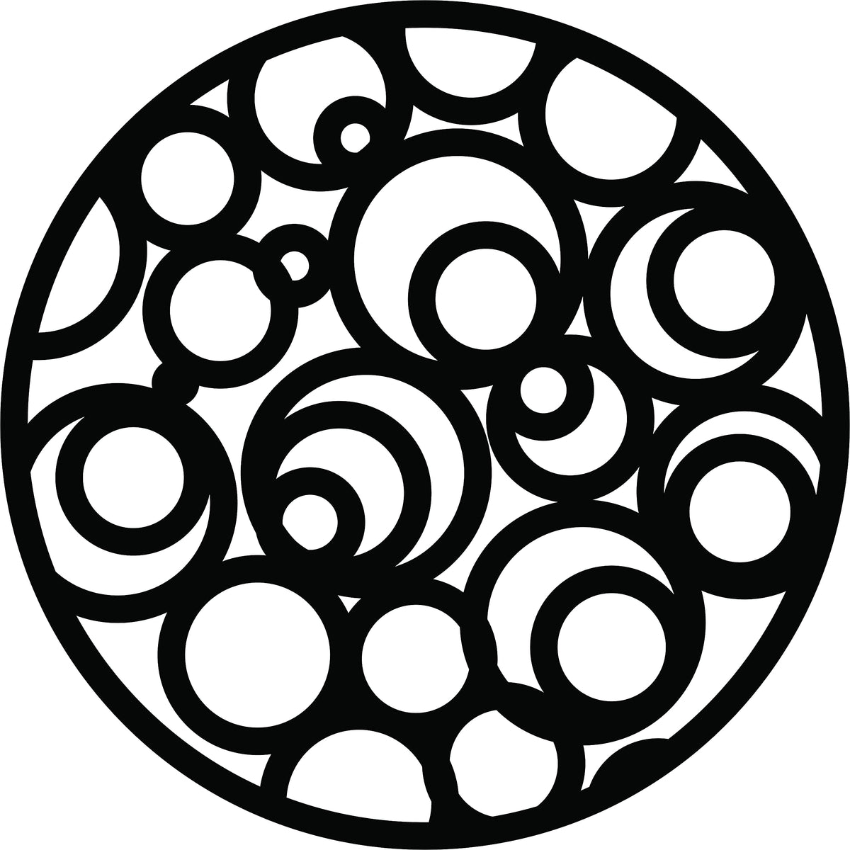 Circular black MDF wall art with abstract cutout patterns of overlapping circles, the image focuses on the product
