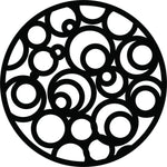Circular black MDF wall art with abstract cutout patterns of overlapping circles, the image focuses on the product
