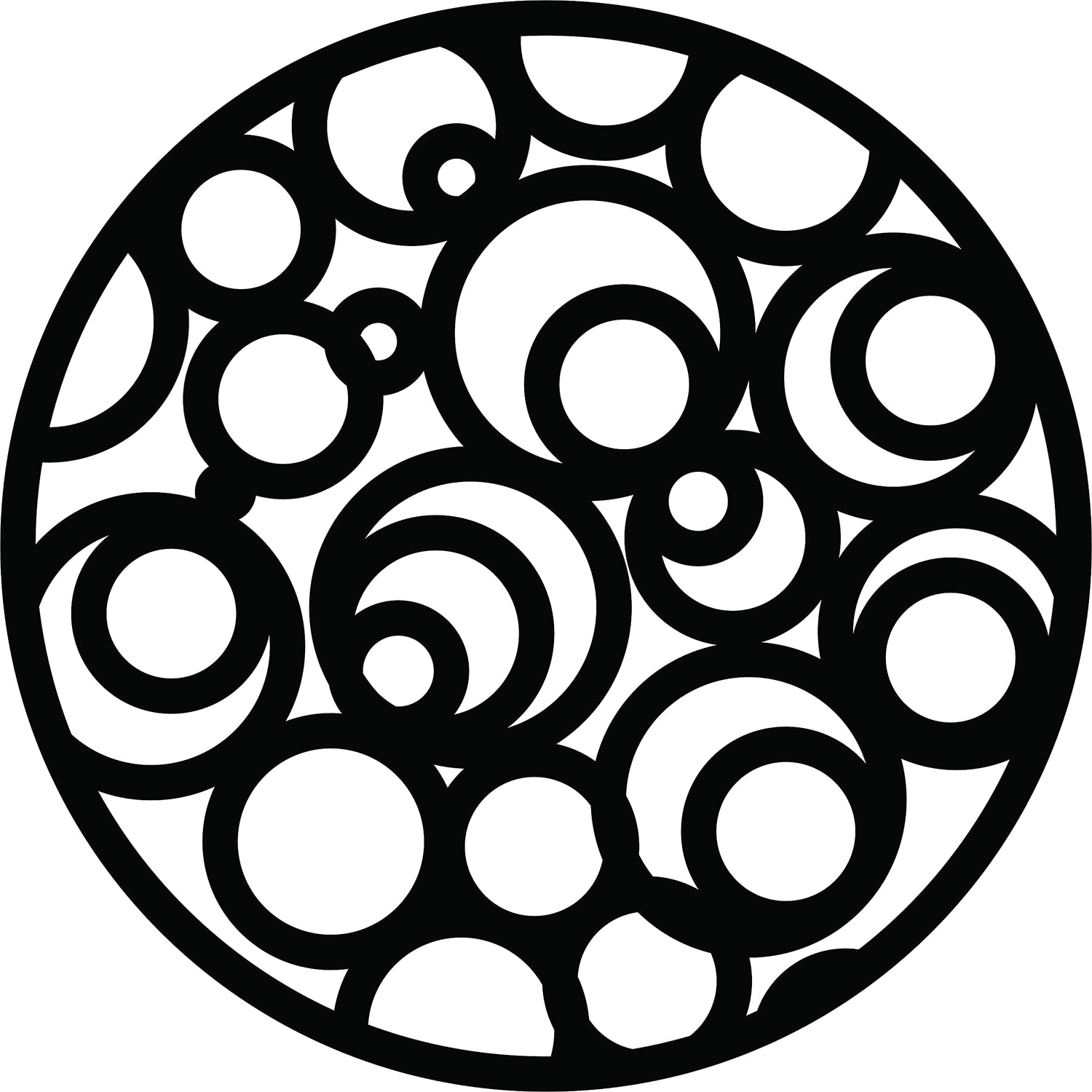 Circular black MDF wall art with abstract cutout patterns of overlapping circles, the image focuses on the product
