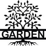 Black garden wall art featuring a tree design with heart-shaped leaves and the word "GARDEN," the enlarged image of the product.
