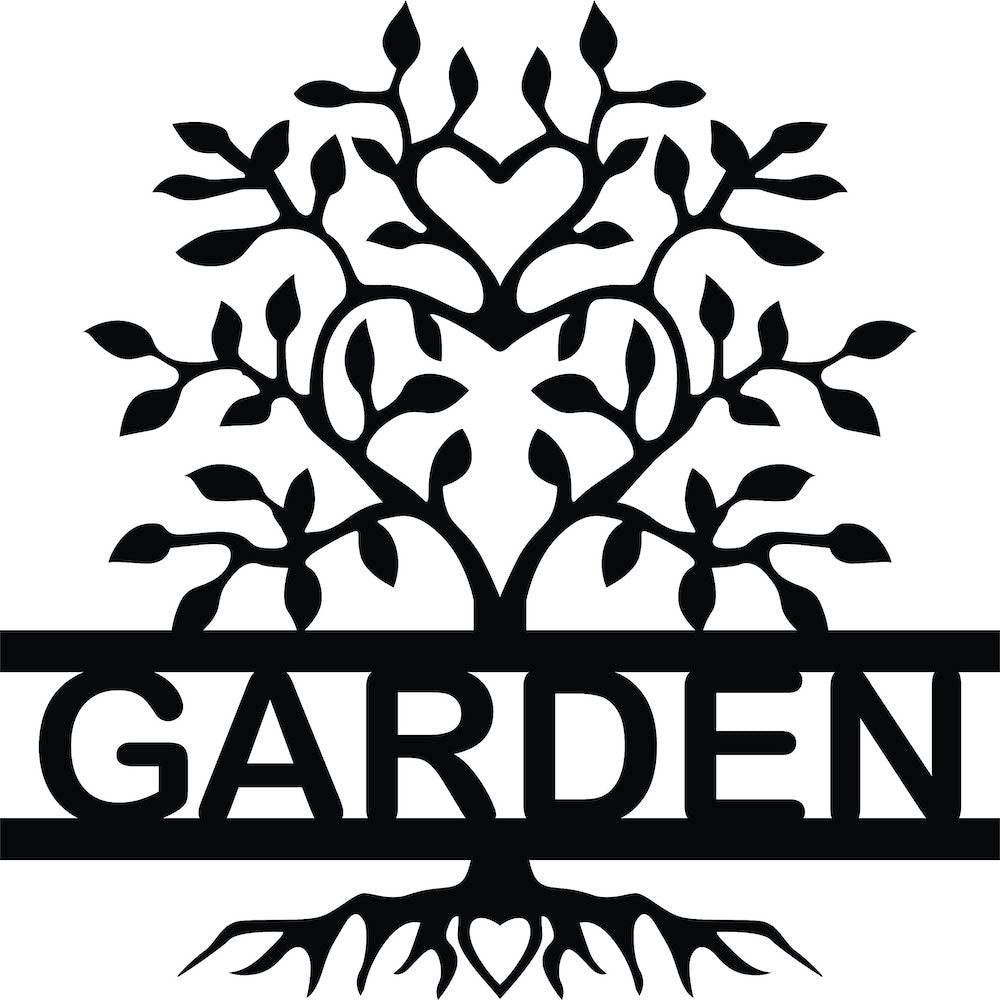 Black garden wall art featuring a tree design with heart-shaped leaves and the word "GARDEN," the enlarged image of the product.