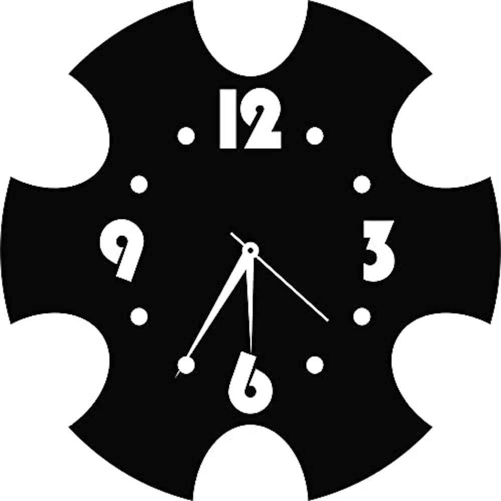 Classic wall clock with a unique black puzzle-piece design, featuring white numerals and sleek hands, the image shows the enlarged picture of the product.